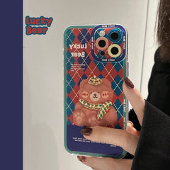 Lucky bear Rhomboid cute phone case for iphone 12 mini x xr 11 13 pro max xsmax 7 8 plus silicone soft cartoon lovely conque