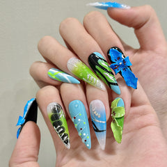 YICKYUE  -  10pcs Handmade Press on Nails Sweet 3D Carved Tropical Flowers False Nails Wearable Full Cover Ins Long Almond False Nail Tips