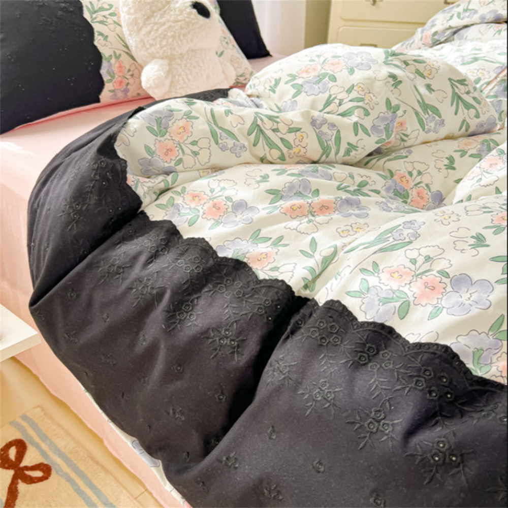 YICKYUE  -  Korean Princess Style French Princess Style Four-Piece Bed Set Hollow Lace Quilt Cover Bed Sheet Bed Skirt Bedding Three-Piece