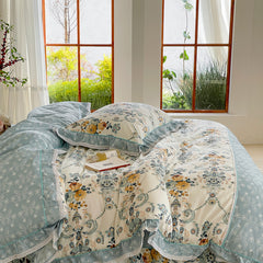 Yickyue 100% Cotton Blue Pastoral Style Flowers Printed Duvet Cover Ultra Soft Lace Ruffle edge Bedding Sets Bed Sheet 2Pillowcases 4pcs