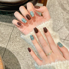 YICKYUE  -  Handmade Press On Nails Autumn Dark Brown Fake Nails Short Coffin Haze Blue False Nails Contrast Color Check Pattern Finished