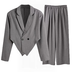 Hearujoy Spring Autumn Fashion Men Small Suit Set Tailored Collar Long Sleeve Irregular Tops And Straight Pants Two Piece Sets Loose Outf