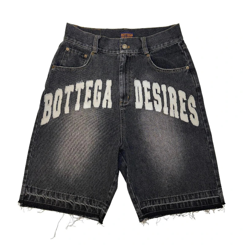 Hearujoy  90s Streetwear Y2K Retro Denim Shorts Washed Tassel Alphabet Embroidery Pattern Jorts Men Harajuku Hip Hop Trend Versatile Unisex Baggy Shorts