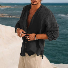 Hearujoy Vintage Men Loose Solid Shirts Stand Collar Long Sleeve Tops Spring Summer Casual Cardigan Retro Shirt Mens Clothes Streetwear