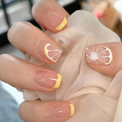 24Pcs Fake Nails Lemon Designs With Yellow French Square False Nails Press On Ballerina Full Cover Nail Art Patch Nail Tips
