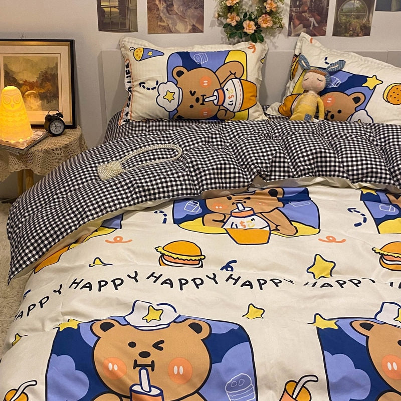 Yickyue Kids Bedding Set With Cute Dog Design Includes Flat Sheets Duvet Cover Pillowcase Bed Linen For Boys And Girls Kawaii Bedclothes