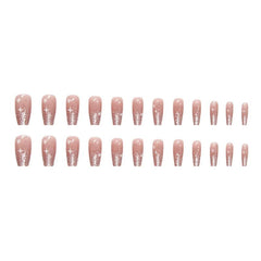 Yickyue 24pcs Mid Length False Nail Ins Star Heart Design Pink Fake Nails Patch Korean Sweet Girl Coffin Artificial Acrylic Nail Tips
