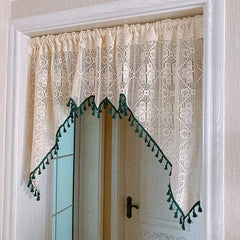 YICKYUE  -  Countryside American Style Knitted Beige Color Arc-shaped Short Curtain Embroidery Lace Clover Pattern Door Curtains for Bedroom