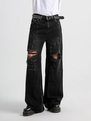 Hearujoy [Distressed Men's Street Jeans Designs] Men's Jeans With Distressed Designs On The Street, Men's Ins Street Dance Skateboard, Loose Straight Leg Casual Denim Pants