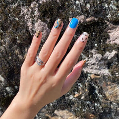BLUE and brown color False Nails with glue Short Full Nail Tips clear nude glitter Hybrid nail girls artificial finger nail