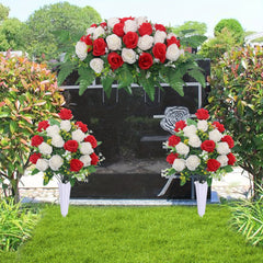 YICKYUE  -  3pcs Elegant Red & White Rose Artificial Flower Arrangements - Ideal for Graveyard Memorials, Home & Outdoor Decor, Farewell Tributes, Farewell Tribute Decor | Elegant Flower Arrangement | Durable Fabric Flowers,