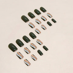 YICKYUE  -  Luxury Dark Green Gold Foil Glitter Powder Ripple Full False Art Nail Fake Nail Tip Press on Glue Manicure Fashion Woman Summer