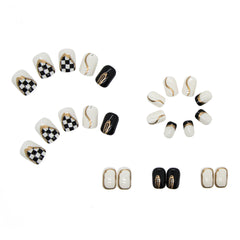 24Pcs Shiny Short Square False Nail With Sticker Black n White Lattice Artificial Fake Nails DIY Full Cover Tips Manicure Tool