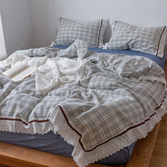 YICKYUE  -  Korean Style Pure Cotton Seersucker Lattice Lace Ruffles Bedding Set INS Style Girl Bed Sets Duvet Cover Bed Sheet Pillowcases
