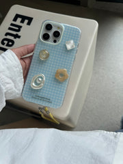 YICKYUE  -  Korean Ins Blue grid pattern 3D Gemstone Pearl Flower Bracelet Phone Case for iPhone 16 15 14 13 Pro Max Back Cover Fund
