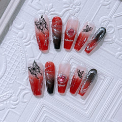 YICKYUE  -  Dark Style Personalized Butterfly Nail Art Red Black Coffin Shaped Press On Nails Halloween Gift for Girls