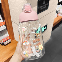 1200ml Kawaii Jumbo Water Bottle With 3D Sticker Straw For Children Adults Plastic Sport Shaker Cute Juice Drink Bottle BPA Free