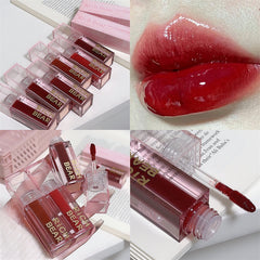 YICKYUE  -  Dark Red Mirror Lip Glaze Water Light Mirror Lip Gloss Moisturizing Clear Long-lasting Non-stick Cup Red Liquid Lipstick Makeup