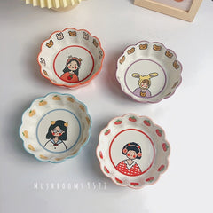 Korean Cute Cartoon Girl Lace Bowl Ceramic Breakfast Fruit Oatmeal Bowl Children Pink Strawberry Purple Yogurt Bowl