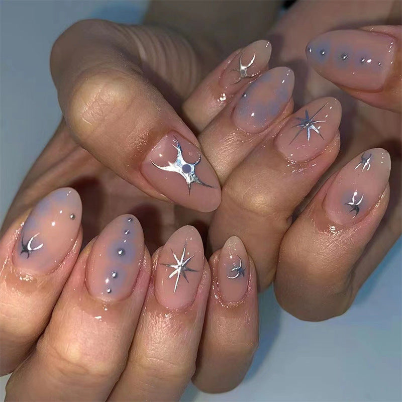 YICKYUE  -  Wearable Nail Plate Silvery Star Spotted Wearable Nail Short Style Nail Plate Wearable Nail Nail Plate