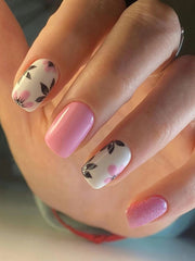YICKYUE   -  24pcs Short square nail, printed, flowers leaves, simple，press nails, women and girls can be reused，Nail Art For DIY Daily Work,