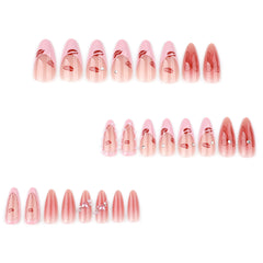 YICKYUE  -  24pcs Sweet Pink Press on Nails with Bow Lipstick Print French Fake Nail Tips Wearable Detachable Ins Simple Korean False Nails