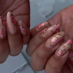 Yickyue  Striped Plaid Pink Flower Nail Art Simple Fashion Spring False Nails Detachable Finished Fake Nails Press on Nails with Glue
