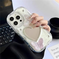 YICKYUE  INS 3D Bling Glitter Butterfly Love Heart Makeup Mirror Phone Case For iPhone 13 14 15 16 Pro Max 12 Pro 11 XR XS Silicone Cover