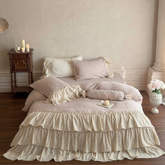 YICKYUE  -  Vintage Floral Embroidery Ruffles Bedding Set Pure Cotton Double Layer Crinkle Yarn Duvet Cover Bed Sheet Bed Skirt Pillowcases