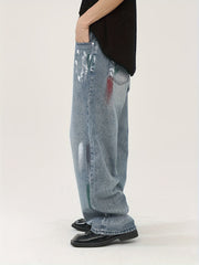 Hearujoy Men's Vintage-Style Straight Leg Jeans with Paint Splatter Design, Loose Fit Distressed Denim for Streetwear and Casual Hip Hop Look