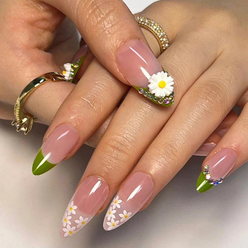 YICKYUE  -  French Fresh Green White Daisy Rhinestone Almond Shape Fake Art Nails Fashion Detachable Finished False Nail Press on Nail Glue