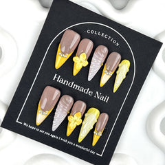 YICKYUE  -  Handmade Press on Nails Gradient Green Long pointed False Nails Wearable Full Cover 3D Flowers DIY Art Detachabe Fake Nail Tips