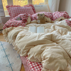 YICKYUE  -  Ins Lace Wrinkled Yarn Washed Cotton Four Piece Set Duvet Cover Set Bed Sheet Three Piece Set Non Pure Cotton Bedding Set