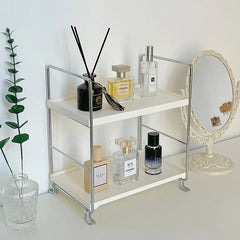 Yickyue Simple Style Double-layer Makeup Organizer Shelf Metal Perfume Cosmetic Storage Basket Desktop Shelf Organizer Rack for Bathroom