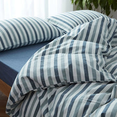 YICKYUE  -  100% washed Cotton bed linen 3/4pcs vintage blue and white stripe duvet quilt covers single queen king size bedding fitted sheet