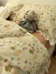 YICKYUE  Sweet cute flower rabbit bedding set,twin full queen floral fairyfair lace cotton home textile bed sheet pillow case quilt cover