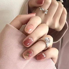 Yickyue Gentle Bean Sand Gradient White Wear Nail Short Temperament Pearl Fine Glitter Diamond Nail Fairy Rose Nail Piece Stick On Nails