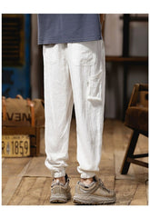 Hearujoy Spring Summer Mens Linen Casual Pants Elastic Waist  Loose Pencil Pants Fashion Sports Ankle-Length Cargo Trousers Flax