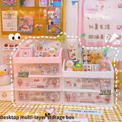 Korea Ins Desktop Storage Box Drawer Cosmetic Box Stationery Office Desk Rack Student Dormitory Kawaii Storage Organizer 3 Layer