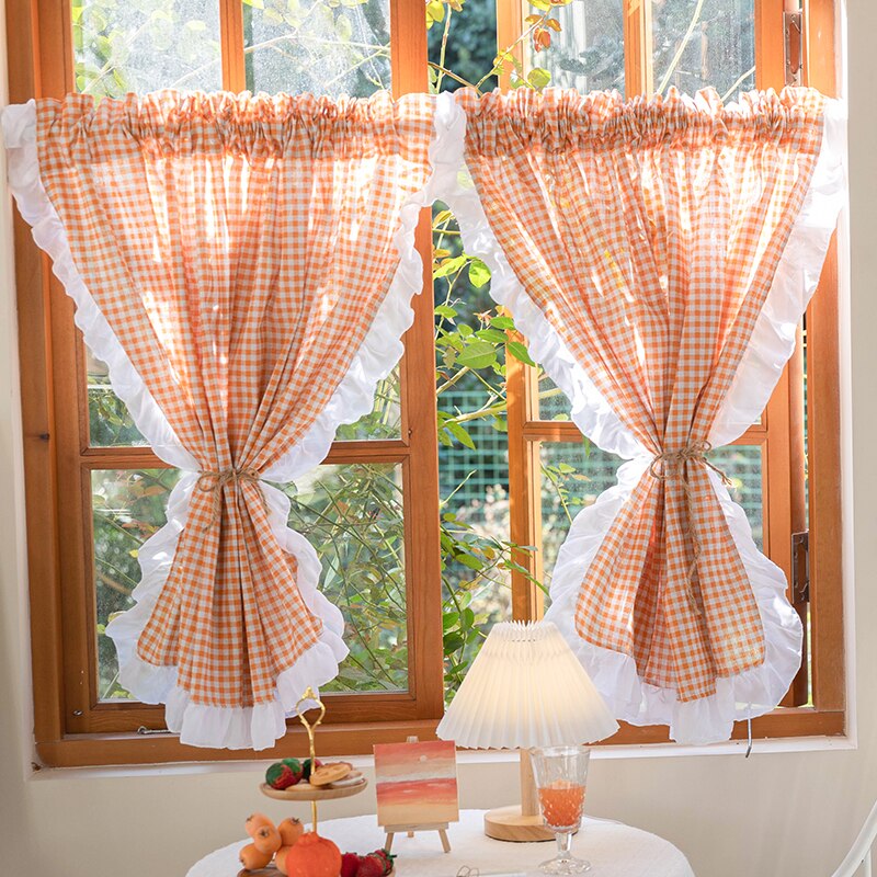 Yaapeet Country Style Orange Check Curtain 2 Pieces For Kitchen Door Cortinas England Romantic Border Rideau Art Home Decorate