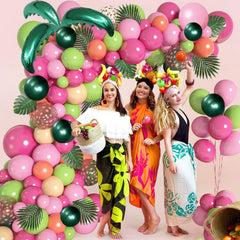 YICKYUE  -  158pcs Tropical Luau Balloon Arch Garland Kit Hot Pink Green Gold with Palm Leave Balloon Hawaii Aloha Flamingo Party Decoration