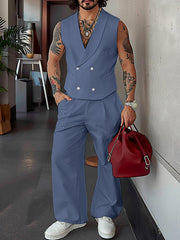 HEARUJOY  -  Men Casual Solid Color Shawl Collar Double Breasted Vest with Buttoned Waist Front Zipper Straight Leg Pants Baggy Thin Formal Work Pants Blazer Suit - Polyester, Non-Stretch, Summer, Regular Fit, Woven, 130g/m²