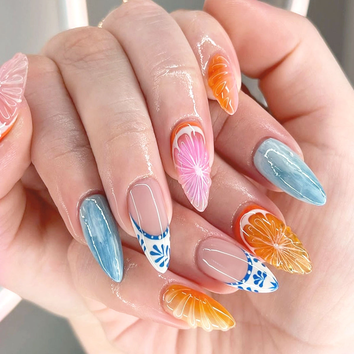 YICKYUE  -  24pcs 3D Red Grapefruit False Nails Long Almond Press On Acyrlic Nails French Tip Fruit Y2k Yellow Gradient Fake Nails Wearable
