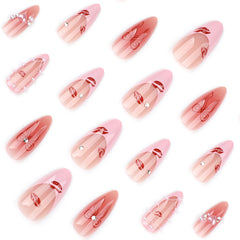 YICKYUE  -  24pcs Sweet Pink Press on Nails with Bow Lipstick Print French Fake Nail Tips Wearable Detachable Ins Simple Korean False Nails