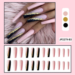 24 Pcs Super Long Ballerina Black Gold Gradient Wearing Nail Seamless Removable Press on Fake Nails Artificial Square Head Nail