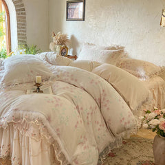 YICKYUE  -  Winter Thickened Carved velvet Korean Princess Style Bedding Set Duvet Cover Set Lace Quilted Bed Skirt Bedspread Pillowcases