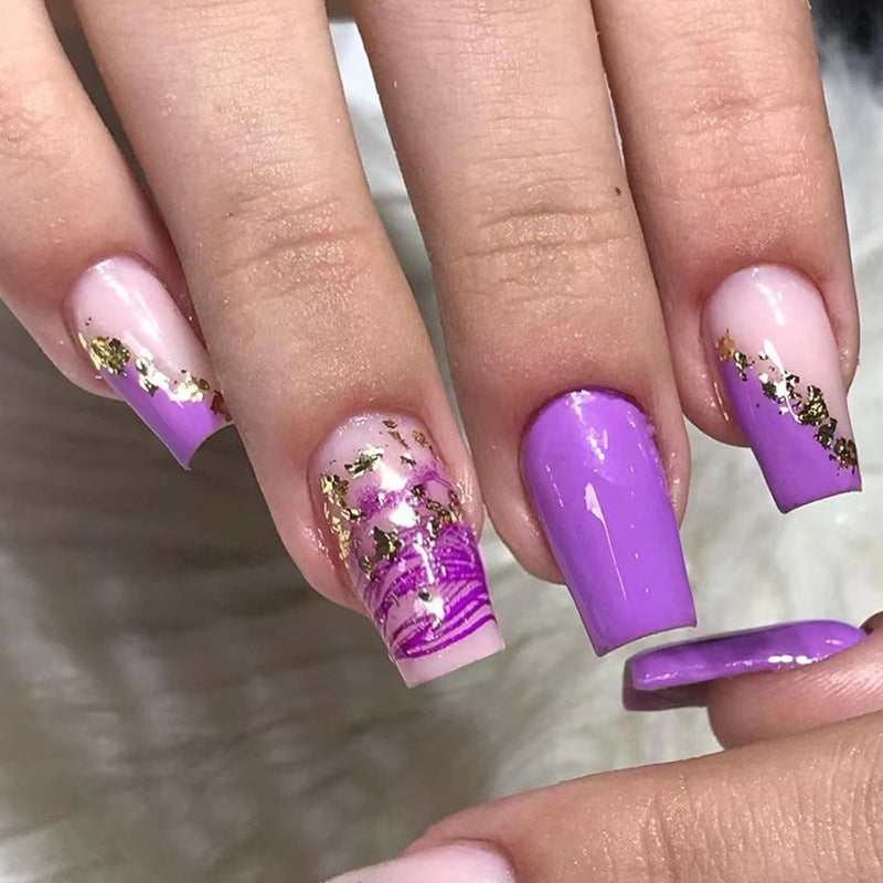 YICKYUE  -  Luxury Dark Green Gold Foil Glitter Powder Ripple Full False Art Nail Fake Nail Tip Press on Glue Manicure Fashion Woman Summer