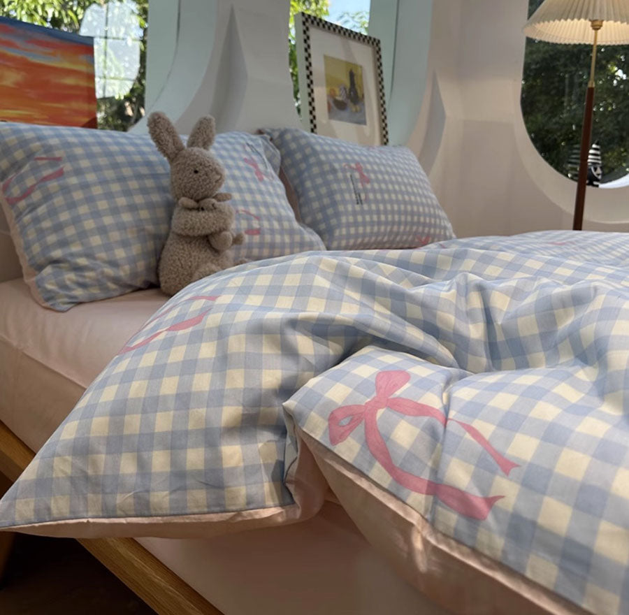 YICKYUE  -  Fashion lovely blue plaid bow bedding set 1.2 1.5 1.8,twin full queen sweet cotton home textile bed sheet pillowcase quilt cover