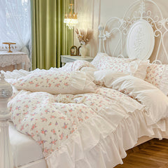 YICKYUE  -  Double Layer Yarn 100% Cotton Floral Print Pleat Lace Ruffles Bedding Set,1 Duvet Cover,2 Pillowcases,1 Flat sheet, Without Core