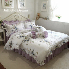 Hot Purple flower Printed bedding set Garden ruffle duvet cover set bed sheet bed clothes king size bedding set bed comforter